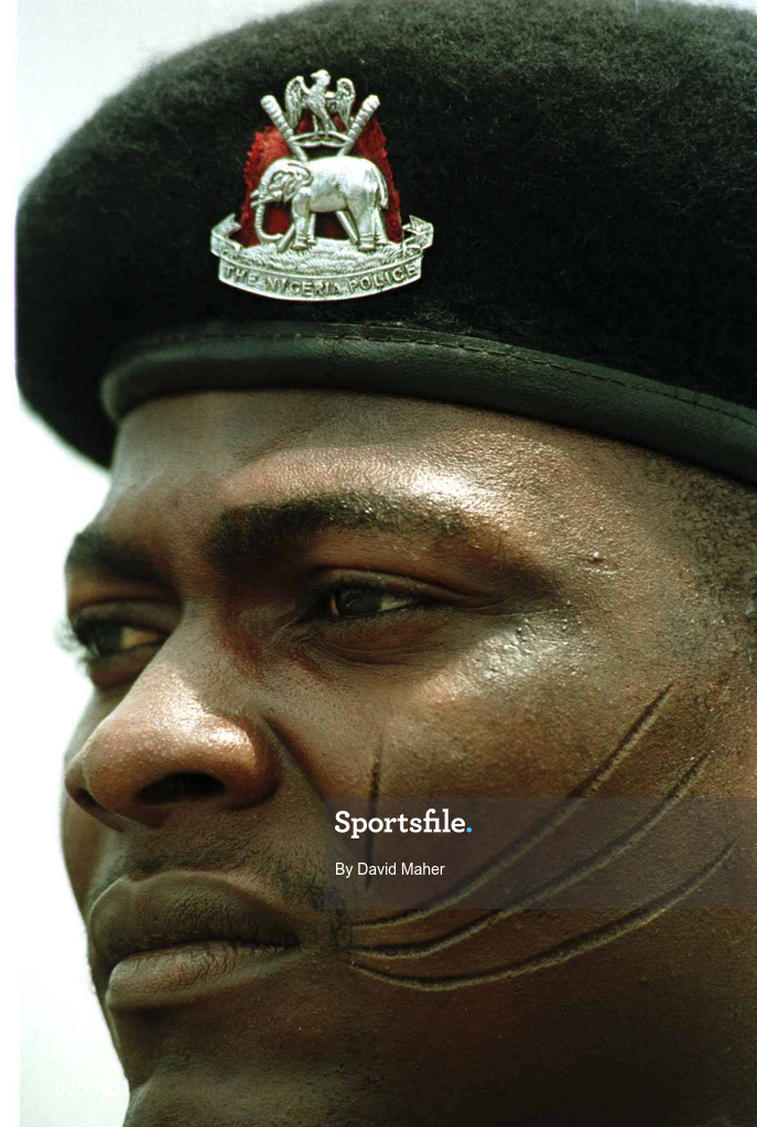 4 April 1999; A member of the Nigerian police bomb squad on duty at the 1999 FIFA World Youth Championship Group C Round 1 match between Mexico and Republic of Ireland at the Liberty Stadium in Ibadan, Nigeria. Photo by David Maher/Sportsfile