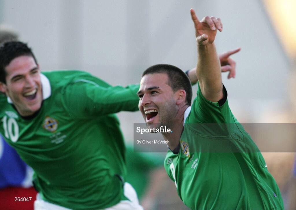 22 August 2007; David Healy, Northern Ireland, celebrates with team-mate Kyle Lafferty after scoring the first goal. 2008 European Championship Qualifier, Group F, Northern Ireland v Liechtenstein, Windsor Park, Belfast, Co. Antrim. Picture credit: Oliver McVeigh / SPORTSFILE