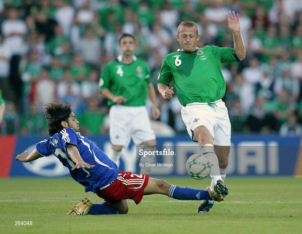 22 August 2007; Sammy Clingan, Northern Ireland, in action against Michele Polverino, Liechtenstein. 2008 European Championship Qualifier, Group F, Northern Ireland v Liechtenstein, Windsor Park, Belfast, Co. Antrim. Picture credit: Oliver McVeigh / SPORTSFILE
