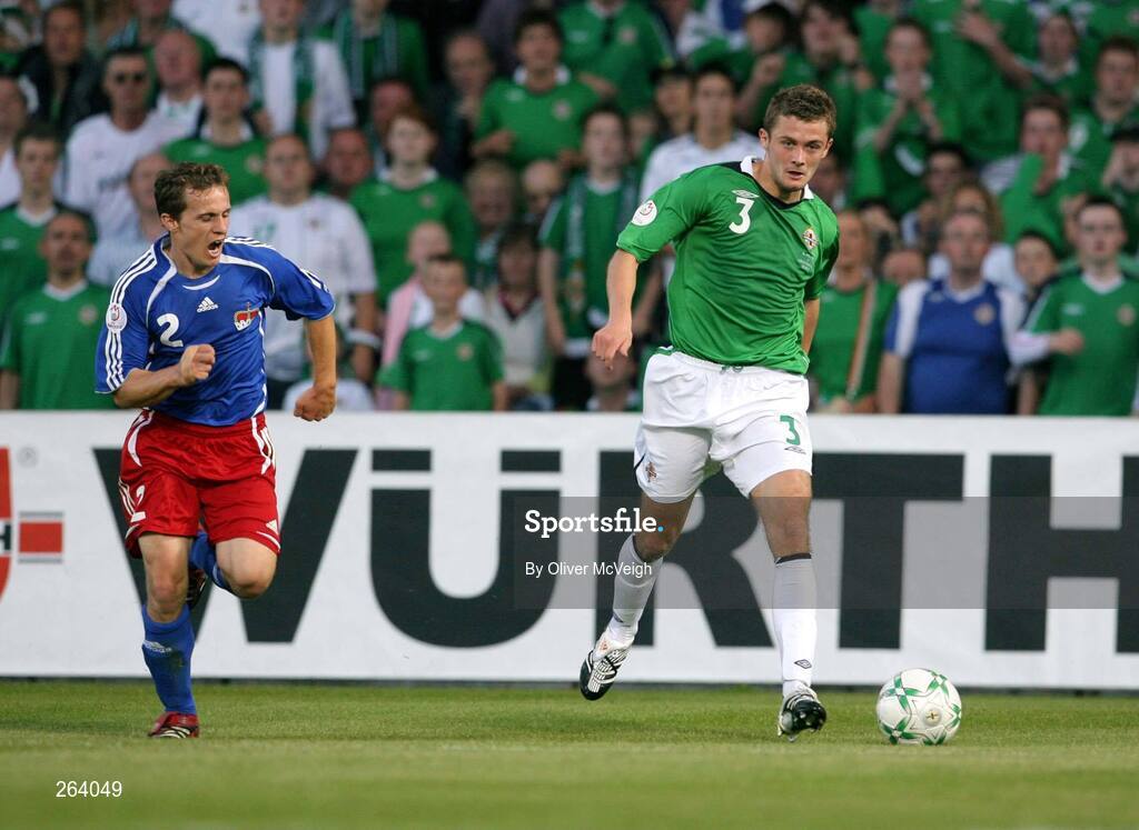 22 August 2007; George McCartney, Northern Ireland, in action against Martin Telser, Liechtenstein. 2008 European Championship Qualifier, Group F, Northern Ireland v Liechtenstein, Windsor Park, Belfast, Co. Antrim. Picture credit: Oliver McVeigh / SPORTSFILE