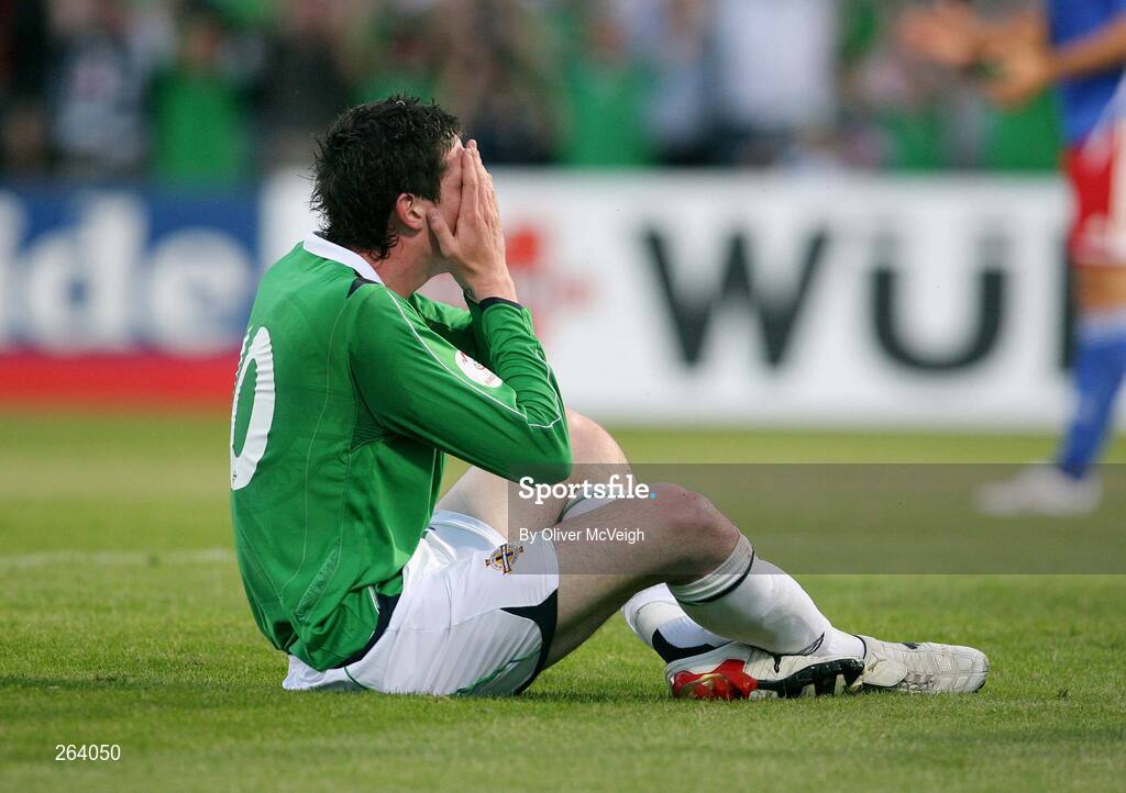 22 August 2007; Kyle Lafferty, Northern Ireland, reacts to missing an open goal. 2008 European Championship Qualifier, Group F, Northern Ireland v Liechtenstein, Windsor Park, Belfast, Co. Antrim. Picture credit: Oliver McVeigh / SPORTSFILE