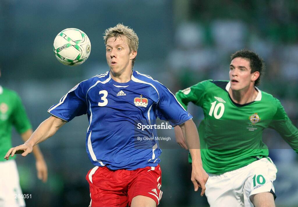 22 August 2007; Michael Stocklasa, Liechtenstein, in action against Kyle Lafferty, Northern Ireland. 2008 European Championship Qualifier, Group F, Northern Ireland v Liechtenstein, Windsor Park, Belfast, Co. Antrim. Picture credit: Oliver McVeigh / SPORTSFILE