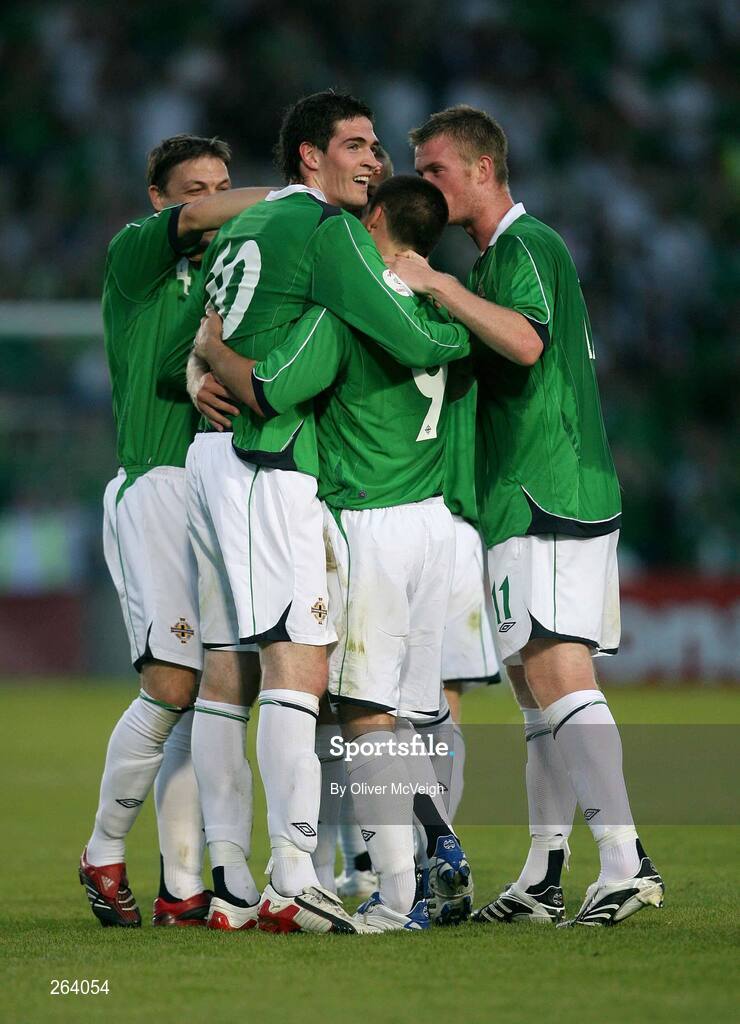 22 August 2007; David Healy, Northern Ireland, celebrates with teammates Chris Baird, Kyle Lafferty, and Chris Brunt, after scoring his second goal. 2008 European Championship Qualifier, Group F, Northern Ireland v Liechtenstein, Windsor Park, Belfast, Co. Antrim. Picture credit: Oliver McVeigh / SPORTSFILE