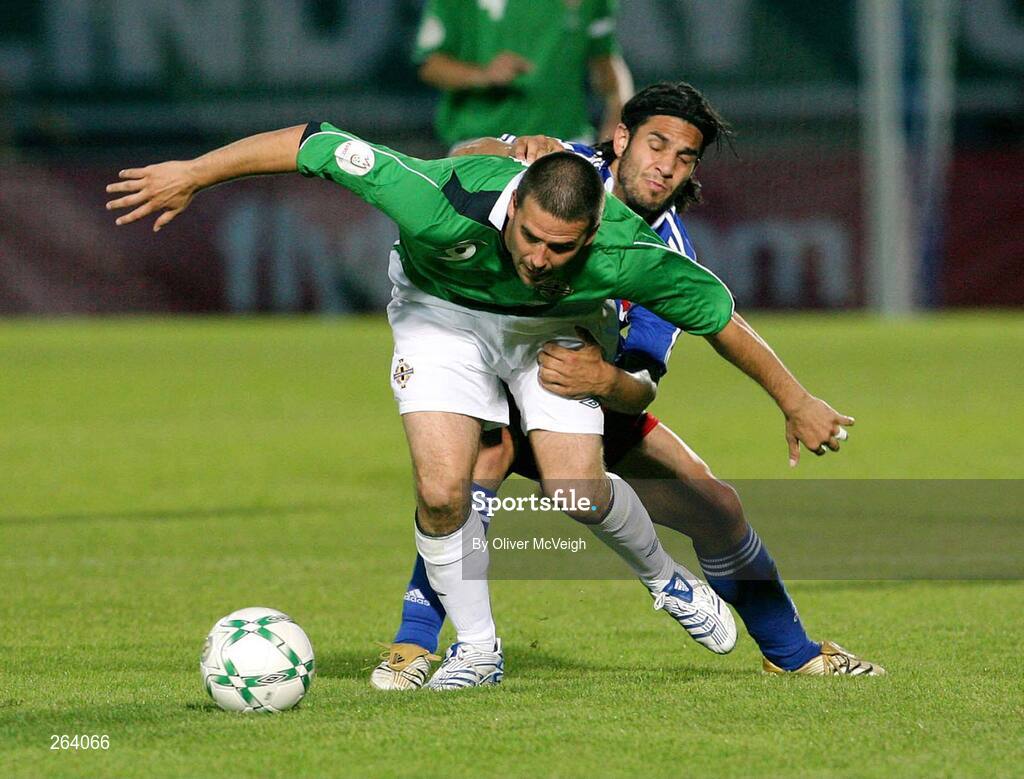 22 August 2007; David Healy, Northern Ireland, in action against Michele Polverino, Liechtenstein. 2008 European Championship Qualifier, Group F, Northern Ireland v Liechtenstein, Windsor Park, Belfast, Co. Antrim. Picture credit: Oliver McVeigh / SPORTSFILE
