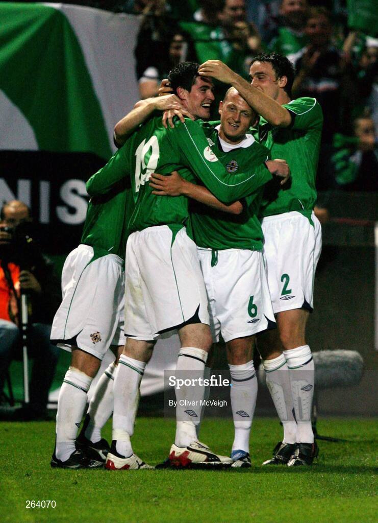 22 August 2007; Kyle Lafferty, Northern Ireland, celebrates with team-mates Sammy Clingan, and Michael Duff, after scoring the third goal. 2008 European Championship Qualifier, Group F, Northern Ireland v Liechtenstein, Windsor Park, Belfast, Co. Antrim. Picture credit: Oliver McVeigh / SPORTSFILE