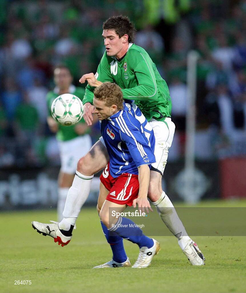 22 August 2007; Kyle Lafferty, Northern Ireland, in action against Yves Oehri, Liechtenstein. 2008 European Championship Qualifier, Group F, Northern Ireland v Liechtenstein, Windsor Park, Belfast, Co. Antrim. Picture credit: Oliver McVeigh / SPORTSFILE