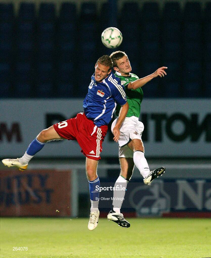 22 August 2007; George McCartney, Northern Ireland, in action against Raphael Rohrer, Liechtenstein. 2008 European Championship Qualifier, Group F, Northern Ireland v Liechtenstein, Windsor Park, Belfast, Co. Antrim. Picture credit: Oliver McVeigh / SPORTSFILE
