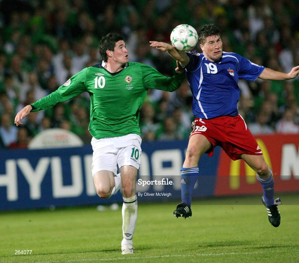 22 August 2007; Kyle Lafferty, Northern Ireland, in action against Fabio D'Elia, Liechtenstein. 2008 European Championship Qualifier, Group F, Northern Ireland v Liechtenstein, Windsor Park, Belfast, Co. Antrim. Picture credit: Oliver McVeigh / SPORTSFILE