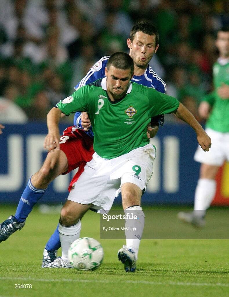 22 August 2007; David Healy, Northern Ireland, in action against Ronnie Buchel, Liechtenstein. 2008 European Championship Qualifier, Group F, Northern Ireland v Liechtenstein, Windsor Park, Belfast, Co. Antrim. Picture credit: Oliver McVeigh / SPORTSFILE