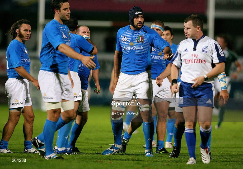24 August 2007; Robert Barbieri and Marco Bortolami, Italy, dispute the controversial last minute try with referee Nigel Owens, Wales. Rugby World Cup Warm-Up Game, Ireland v Italy, Ravenhill Park, Belfast, Co. Antrim. Picture credit: Oliver McVeigh / SPORTSFILE