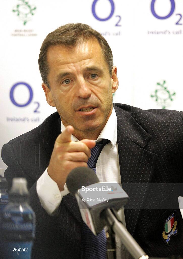 24 August 2007; An unhappy Italy head coach Pierre Berbizier speaks out, about the controversial try awarded to Ireland, at the post-match press conference. Rugby World Cup Warm-Up Game, Ireland v Italy, Ravenhill Park, Belfast, Co. Antrim. Picture credit: Oliver McVeigh / SPORTSFILE