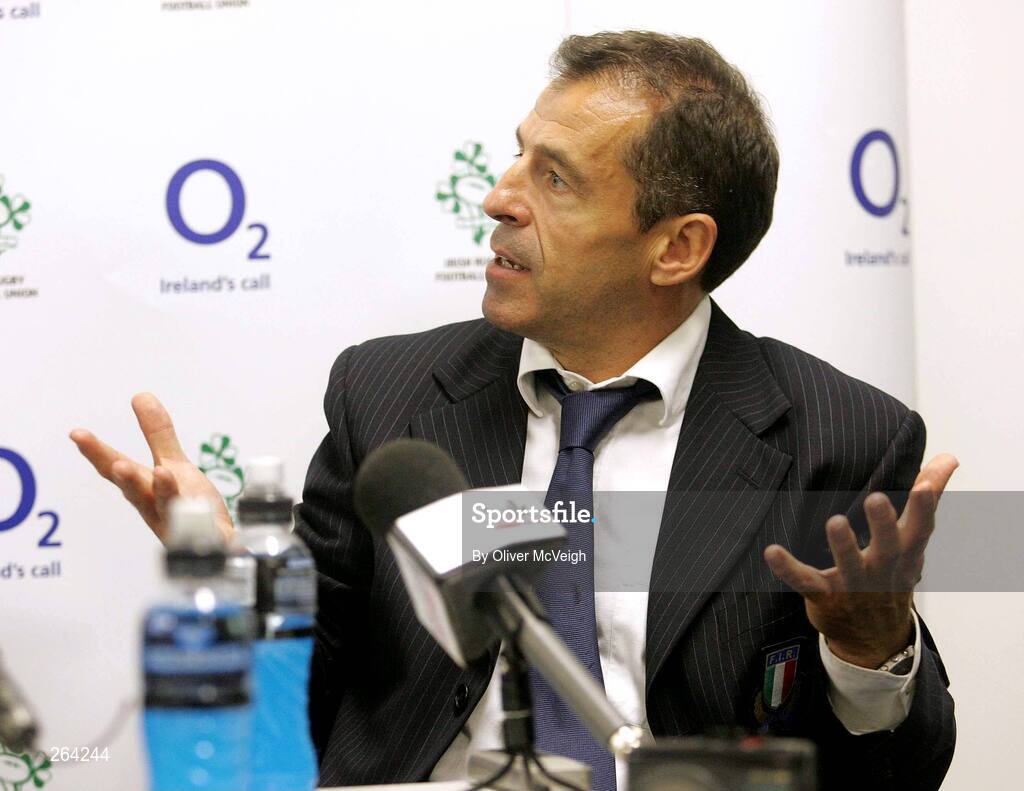 24 August 2007; An unhappy Italy head coach Pierre Berbizier speaks out, about the controversial try awarded to Ireland, at the post-match press conference. Rugby World Cup Warm-Up Game, Ireland v Italy, Ravenhill Park, Belfast, Co. Antrim. Picture credit: Oliver McVeigh / SPORTSFILE