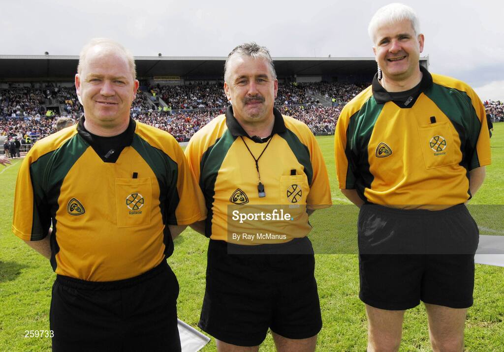 8 July 2007; Referee Brian Crowe with his linesmen Derek Fahy, left, and John Bannon, right. Bank of Ireland Connacht Senior Football Championship Final, Galway v Sligo, Dr. Hyde Park, Roscommon. Picture credit: Ray McManus / SPORTSFILE