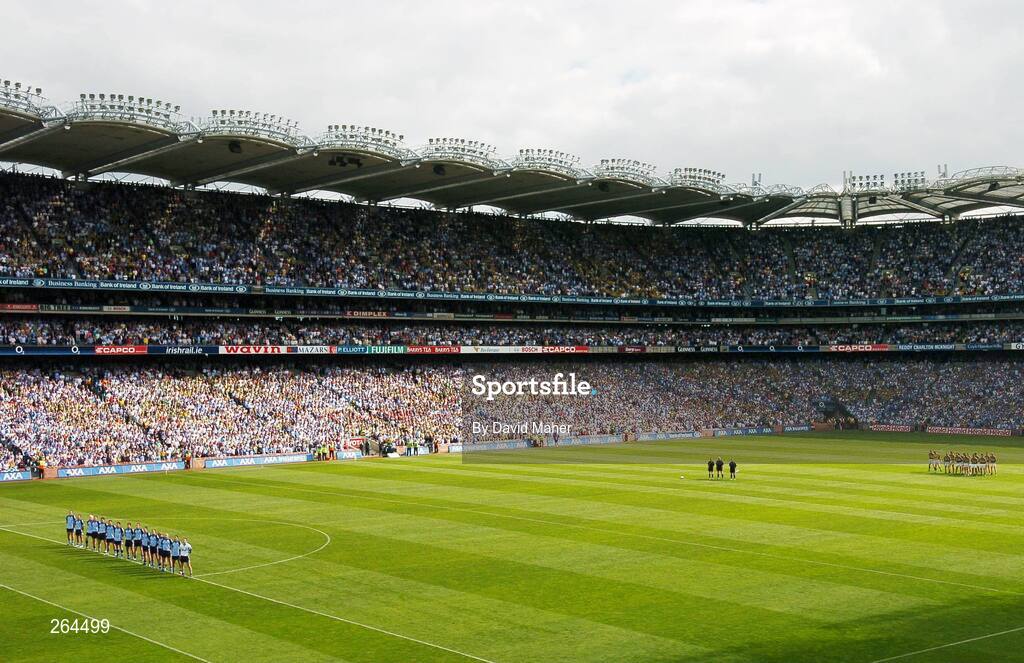 26 August 2007; The Dublin and Kerry teams stand for the National Anthem before the start of the game. Bank of Ireland All-Ireland Senior Football Championship Semi Final, Dublin v Kerry, Croke Park, Dublin. Picture credit: David Maher / SPORTSFILE *** Local Caption ***