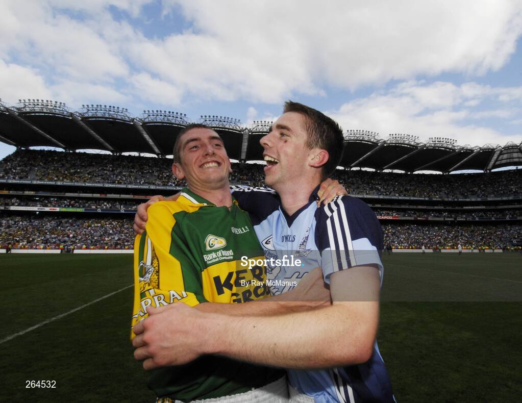 26 August 2007; Killian Young and Marc O Se celebrate Kerry's victory. Bank of Ireland All-Ireland Senior Football Championship Semi Final, Dublin v Kerry, Croke Park, Dublin. Picture credit: Ray McManus / SPORTSFILE