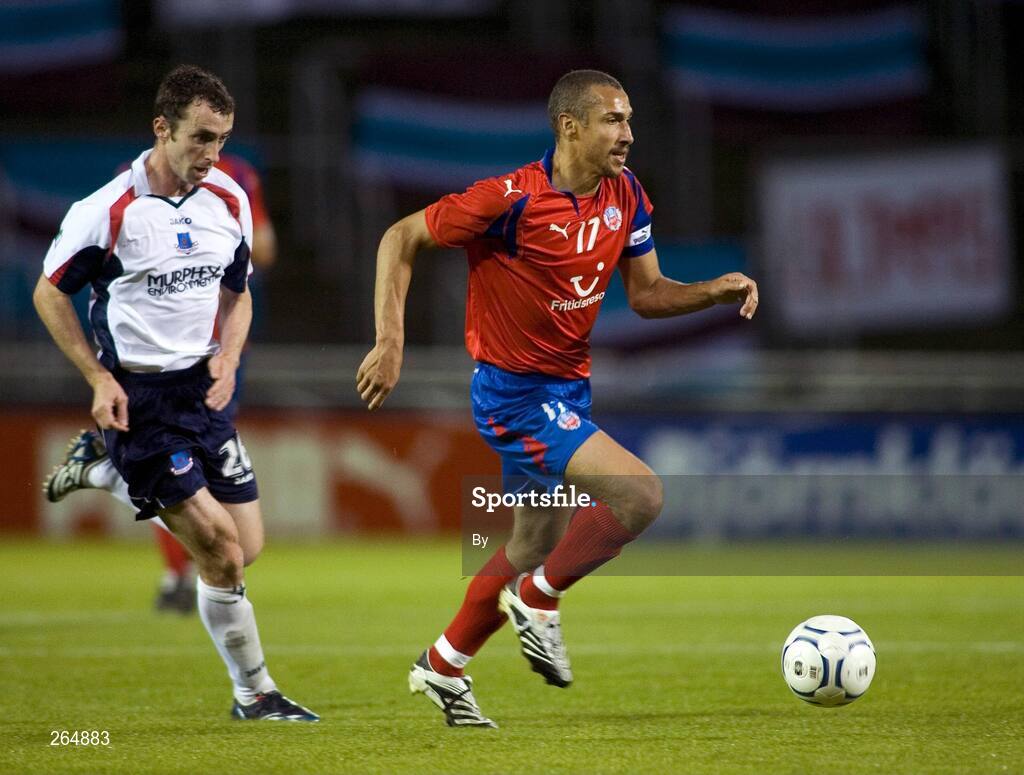 30 August 2007; Ollie Cahill, Drogheda United, in action against Henrik Larsson, Helsingborgs. UEFA Cup, Second Qualifying Round,  Second Leg, Helsingborgs v Drogheda United, The Olympen Stadium, Helsingborg, Sweden. Picture credit: Rickard Nilsson /  SPORTSFILE