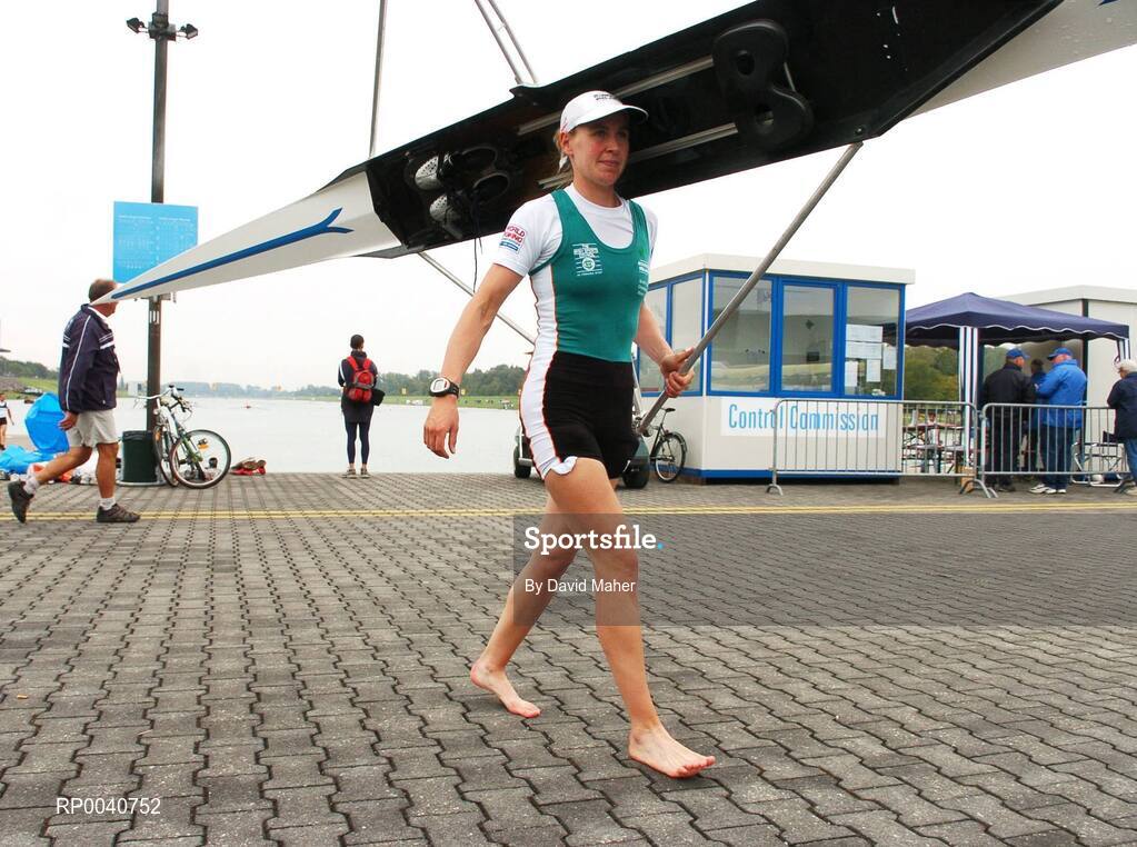 31 August 2007; Orla Duddy, Ireland, carries her boat back to the boathouse after winning the Lightweight Women's Single Sculls C Final, at the 2007 World Rowing Championships, Oberschleissheim, Munich, Germany. Picture credit: David Maher / SPORTSFILE