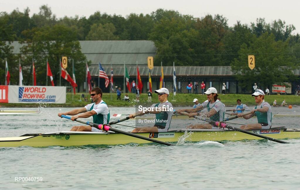31 August 2007; Members of the men's Lightweight team, left to right, Paul Griffin, stroke, Richard Archibald, third seat, Eugene Coakley, second seat, and Cathal Moynihan, bow, in action during the Lightweight Men's four's semi-final at the 2007 World Rowing Championships, Oberschleissheim, Munich, Germany. Picture credit: David Maher / SPORTSFILE