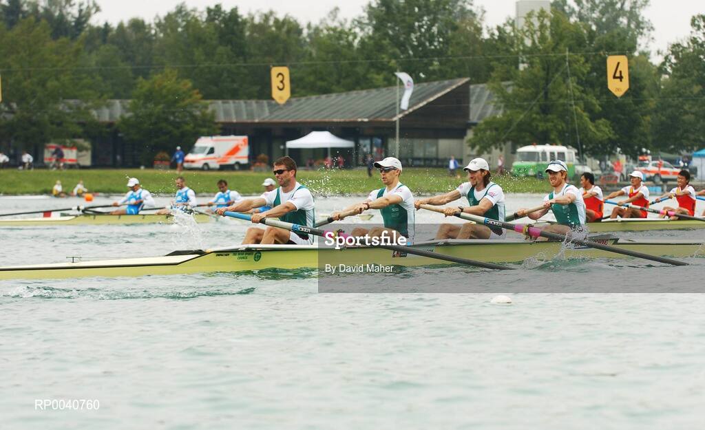 31 August 2007; Members of the men's Lightweight team, left to right, Paul Griffin, stroke, Richard Archibald, third seat, Eugene Coakley, second seat and Cathal Moynihan, bow, in action during the Lightweight Men's four's semi-final at the 2007 World Rowing Championships, Oberschleissheim, Munich, Germany. Picture credit: David Maher / SPORTSFILE
