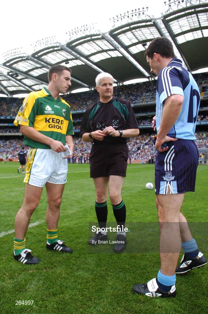 26 August 2007; Referee John Bannon with Kerry captain Declan O'Sullivan and Dublin captain Colin Moran before the match. Bank of Ireland Senior Football Championship Semi Final, Dublin v Kerry, Croke Park, Dublin. Picture credit: Brian Lawless / SPORTSFILE
