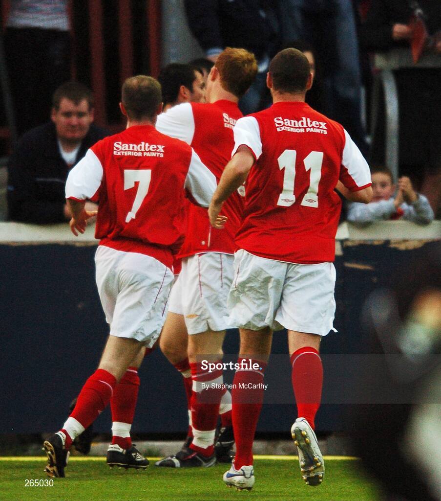 31 August 2007; Keith Fahey, St. Patrick's Athletic, is congratulated by team-mates Alan Kirby, 7, Glen Fitzpatrick and Mark Quigley, 11, after scroing past Waterford United goalkeeper Dean Delaney. eircom League of Ireland Premier Division, St. Patrick's Athletic v Waterford United, Richmond Park, Dublin. Picture Credit; Stephen McCarthy / SPORTSFILE