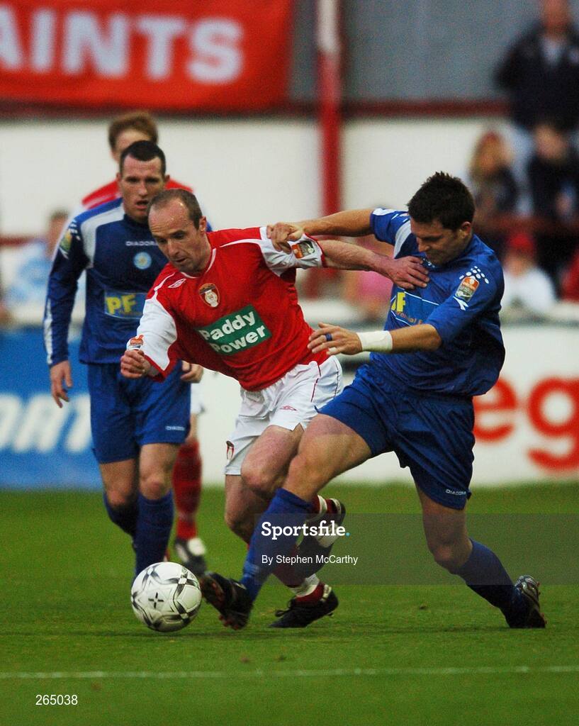 31 August 2007; Alan Kirby, St. Patrick's Athletic, in action against Paul McCarthy, Waterford United. eircom League of Ireland Premier Division, St. Patrick's Athletic v Waterford United, Richmond Park, Dublin. Picture Credit; Stephen McCarthy / SPORTSFILE