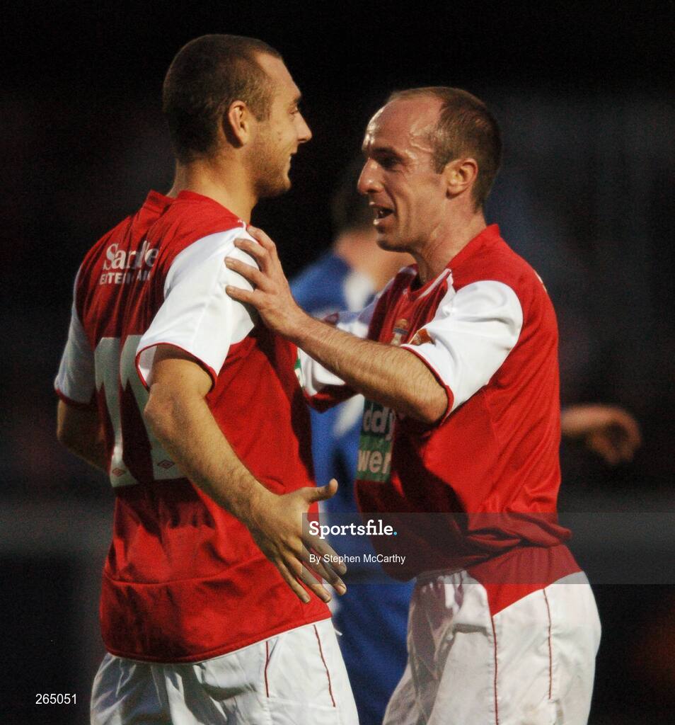 31 August 2007; Mark Quigley, St. Patrick's Athletic, is congratulated by team-mate Alan Kirby after scoring his side's second goal. eircom League of Ireland Premier Division, St. Patrick's Athletic v Waterford United, Richmond Park, Dublin. Picture Credit; Stephen McCarthy / SPORTSFILE