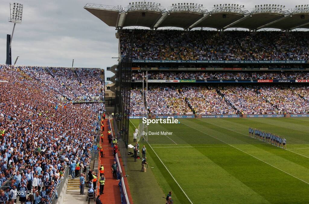 26 August 2007; The Dublin team stand together during the playing of the National Anthem in front of Hill 16. Bank of Ireland Senior Football Championship Semi Final, Dublin v Kerry, Croke Park, Dublin. Picture credit: David Maher / SPORTSFILE