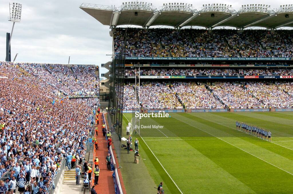 26 August 2007; The  Dublin team stand together during the playing of the national anthem in front of Hill 16. Bank of Ireland Senior Football Championship Semi Final, Dublin v Kerry, Croke Park, Dublin. Picture credi; David Maher / SPORTSFILE