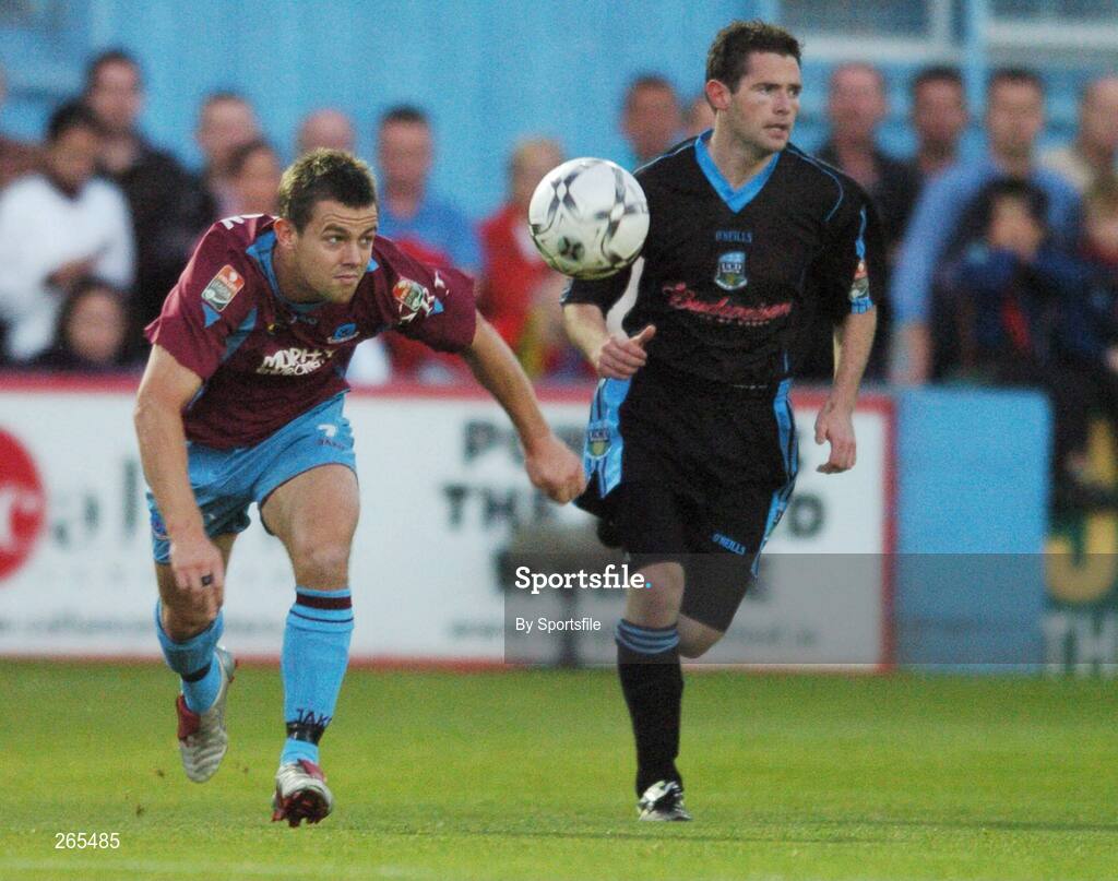3 September 2007; Shane Robinson, Drogheda United, in action against Paul Crowley, UCD. eircom League of Ireland Premier Division, Drogheda United v University College Dublin, United Park, Drogheda, Co. Louth. Picture credit; Paul Mohan / SPORTSFILE