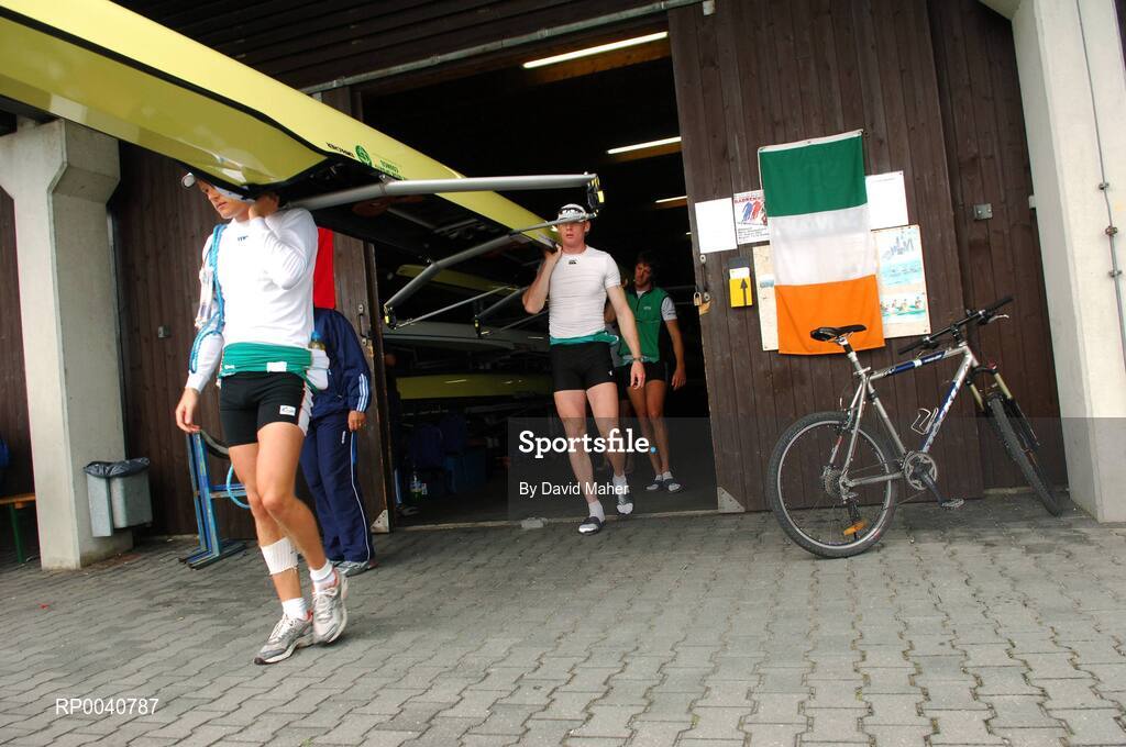 31 August 2007; Members of the The Irish Heavyweight Men's Four, left to right,  Alan Martin, Sean Casey, Cormac Folan, and Sean O'Neill, hidden, carry their boat from the boathouse before practice at the 2007 World Rowing Championships, Oberschleissheim, Munich, Germany. Picture credit: David Maher / SPORTSFILE