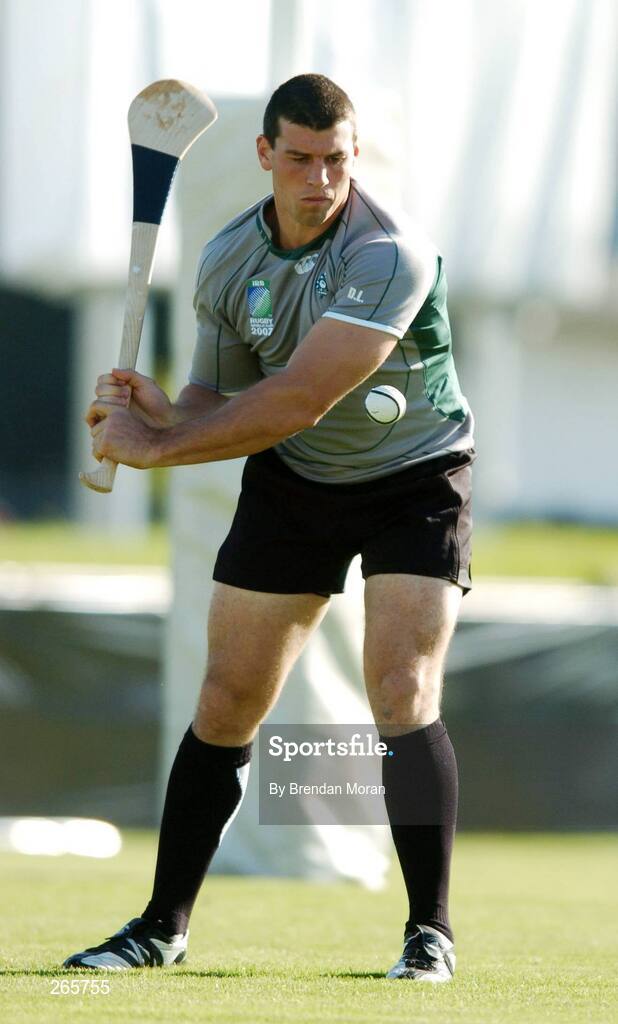 6 September 2007; Ireland's Denis Leamy practices some hurling before squad training. 2007 Rugby World Cup, Pool D, Irish Squad Training, Stade Bordelais, Bordeaux, France. Picture credit: Brendan Moran / SPORTSFILE *** Local Caption ***
