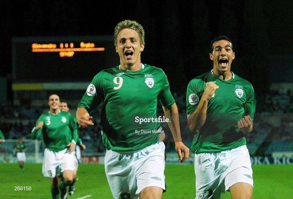 8 September 2007; Kevin Doyle, Republic of Ireland, and team-mate Stephen Kelly, right, celebrate after Doyle scored the second goal. 2008 European Championship Qualifier, Slovakia v Republic of Ireland, Slovan Stadion, Tehelné Pole, Bratislava, Slovakia. Picture credit; David Maher / SPORTSFILE