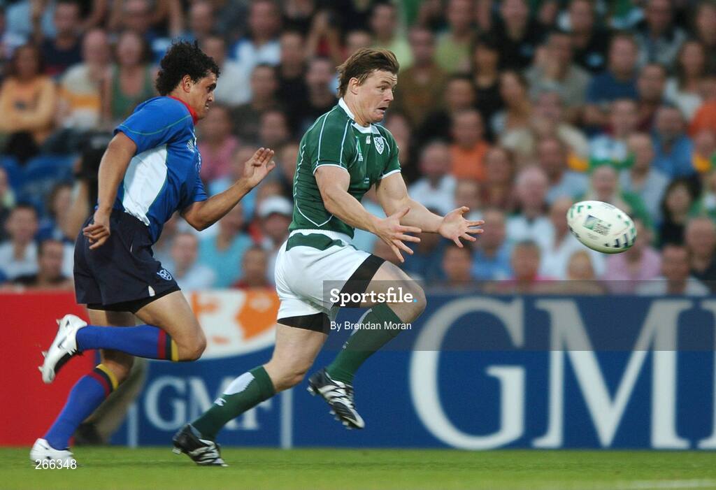 9 September 2007; Brian O'Driscoll, Ireland, catches his kick despite the tackle of Tertius Losper, Namibia, on his way to scoring his side's first try. 2007 Rugby World Cup, Pool D, Ireland v Namibia, Stade Chaban Delmas, Bordeaux, France. Picture credit; Brendan Moran / SPORTSFILE