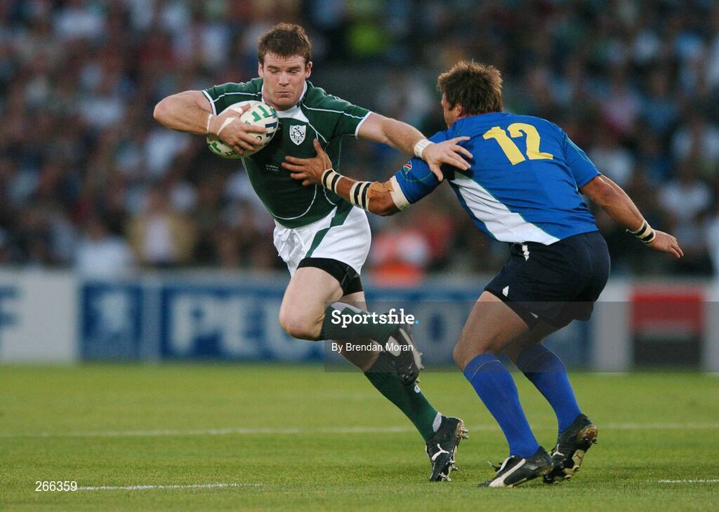 9 September 2007; Gordon D'Arcy, Ireland, is tackled by Piet Van Zyl, Namibia. 2007 Rugby World Cup, Pool D, Ireland v Namibia, Stade Chaban Delmas, Bordeaux, France. Picture credit; Brendan Moran / SPORTSFILE