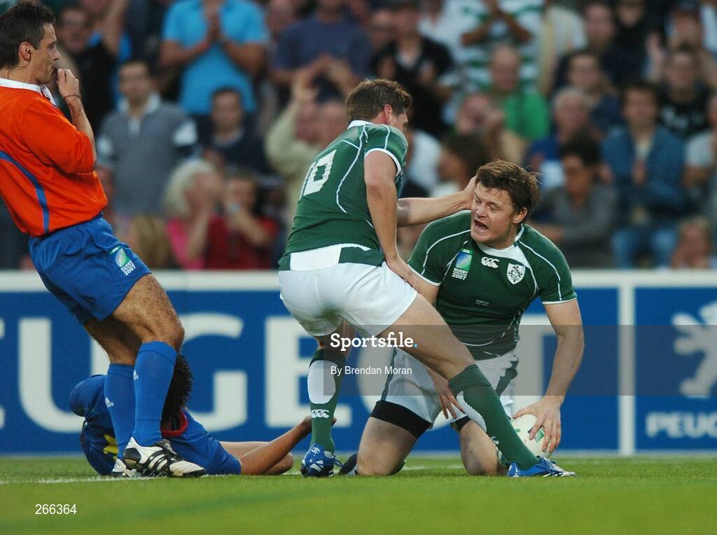 9 September 2007; Brian O'Driscoll, Ireland, is congratulated by team-mate Ronan O'Gara after scoring his side's first try against Namibia. 2007 Rugby World Cup, Pool D, Ireland v Namibia, Stade Chaban Delmas, Bordeaux, France. Picture credit; Brendan Moran / SPORTSFILE
