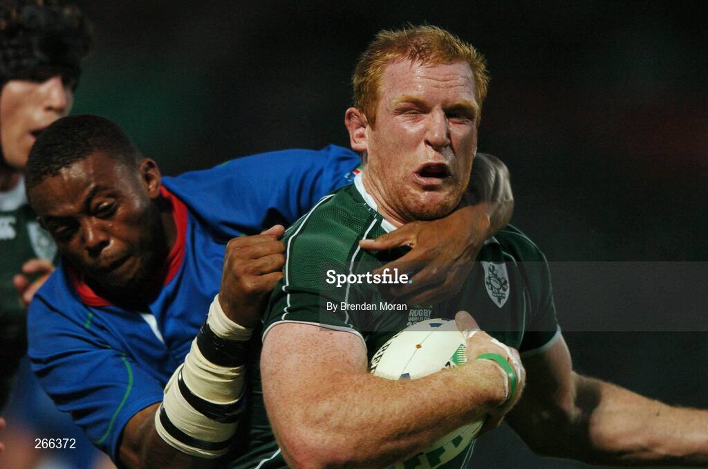 9 September 2007; Paul O'Connell, Ireland, is tackled by Wacca Kazombiaze, Namibia. 2007 Rugby World Cup, Pool D, Ireland v Namibia, Stade Chaban Delmas, Bordeaux, France. Picture credit; Brendan Moran / SPORTSFILE
