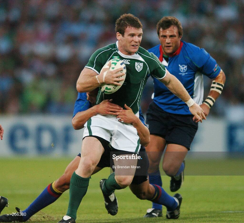 9 September 2007; Gordon D'Arcy, Ireland, is tackled by Bratley Langenhovan, Namibia. 2007 Rugby World Cup, Pool D, Ireland v Namibia, Stade Chaban Delmas, Bordeaux, France. Picture credit; Brendan Moran / SPORTSFILE