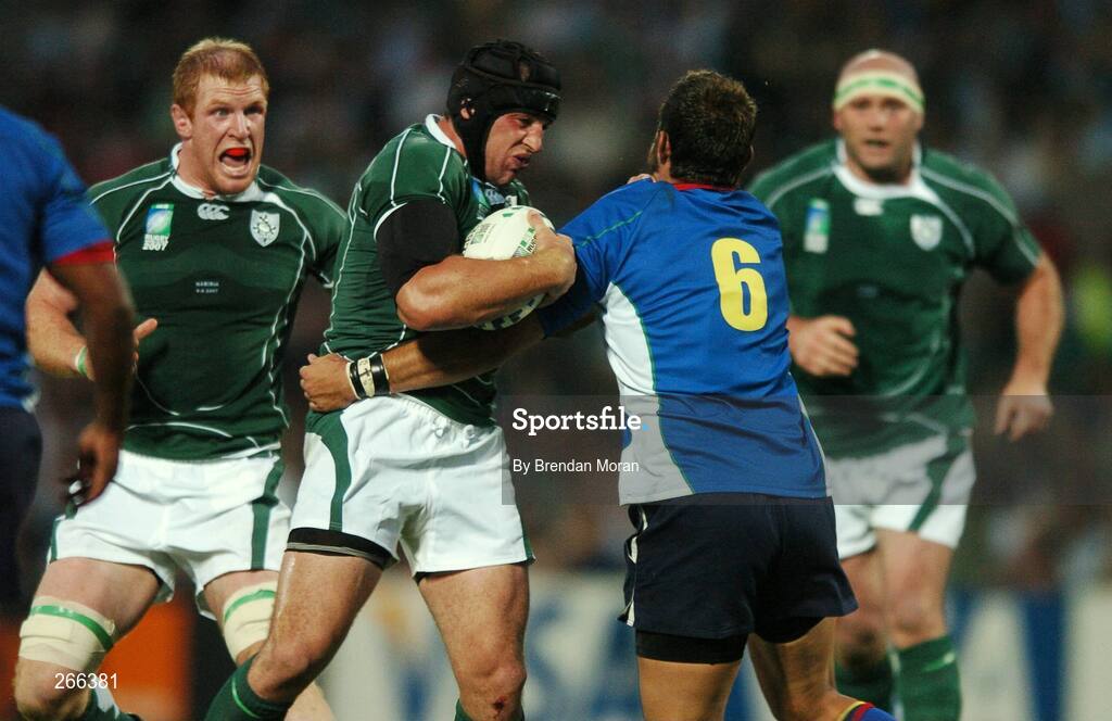 9 September 2007; Denis Leamy, Ireland, is tackled by Jacques Niewenhuis, Namibia. 2007 Rugby World Cup, Pool D, Ireland v Namibia, Stade Chaban Delmas, Bordeaux, France. Picture credit; Brendan Moran / SPORTSFILE