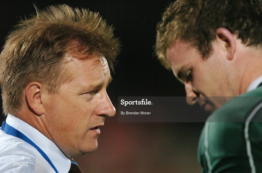 9 September 2007; Ireland head coach Eddie O'Sullivan with Gordon D'Arcy after the game. 2007 Rugby World Cup, Pool D, Ireland v Namibia, Stade Chaban Delmas, Bordeaux, France. Picture credit; Brendan Moran / SPORTSFILE