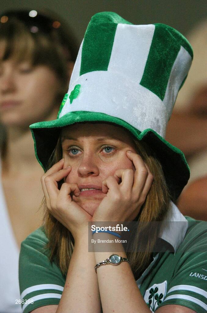 9 September 2007; Ireland fan Michelle Hanly, from Dublin, watching the game. 2007 Rugby World Cup, Pool D, Ireland v Namibia, Stade Chaban Delmas, Bordeaux, France. Picture credit; Brendan Moran / SPORTSFILE