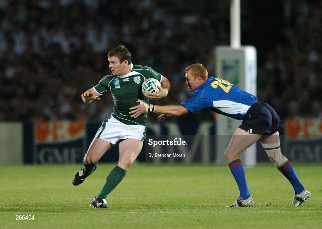 9 September 2007; Gordon D'Arcy, Ireland, is tackled by Jurie Van Tonder, Namibia. 2007 Rugby World Cup, Pool D, Ireland v Namibia, Stade Chaban Delmas, Bordeaux, France. Picture credit; Brendan Moran / SPORTSFILE
