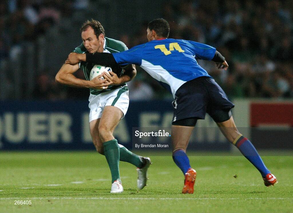 9 September 2007; Girvan Dempsey, Ireland, is tackled by Ryan Witbooi, Namibia. 2007 Rugby World Cup, Pool D, Ireland v Namibia, Stade Chaban Delmas, Bordeaux, France. Picture credit; Brendan Moran / SPORTSFILE