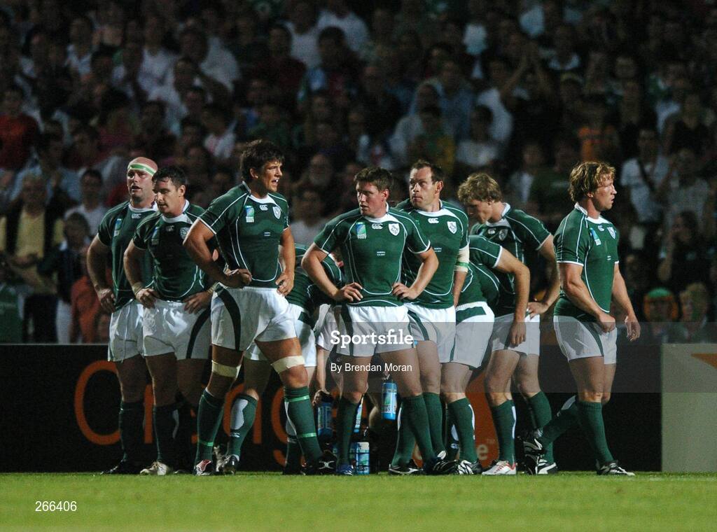 9 September 2007; The Ireland players react after Namibia scored their second try of the game. 2007 Rugby World Cup, Pool D, Ireland v Namibia, Stade Chaban Delmas, Bordeaux, France. Picture credit; Brendan Moran / SPORTSFILE