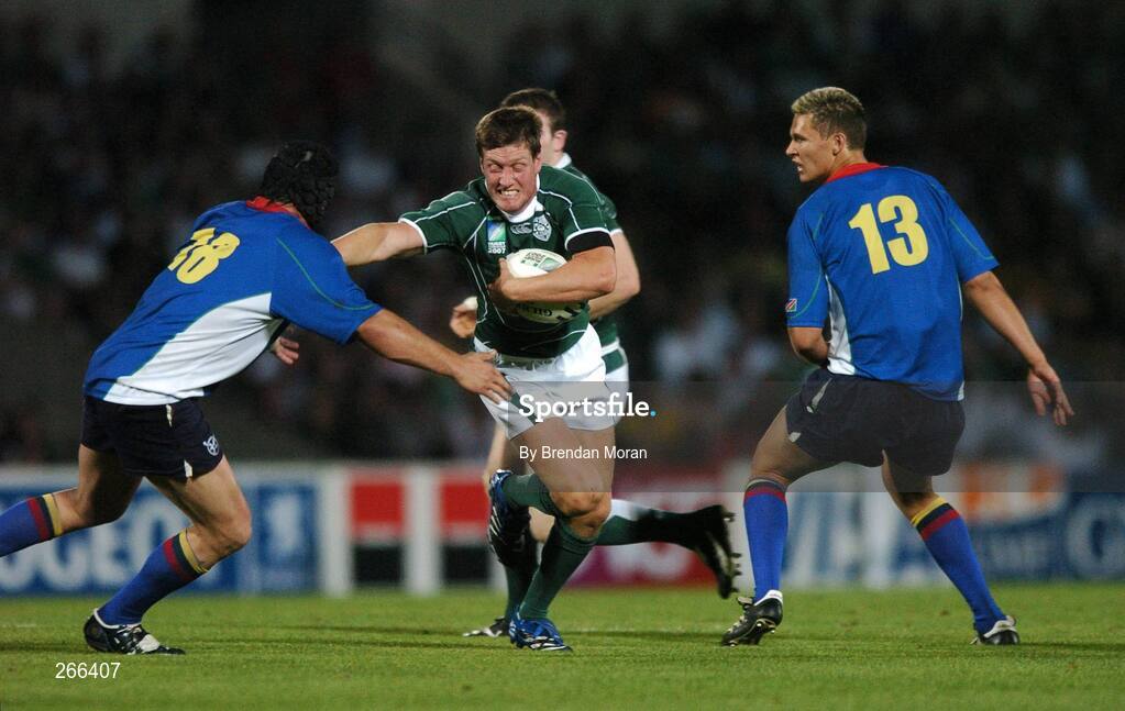 9 September 2007; Ronan O'Gara, Ireland, in action against Michael MacKezie, left, and Bratley Langanhoven, Namibia. 2007 Rugby World Cup, Pool D, Ireland v Namibia, Stade Chaban Delmas, Bordeaux, France. Picture credit; Brendan Moran / SPORTSFILE