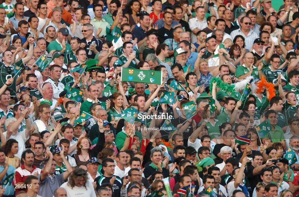 9 September 2007; Some of the thousands of Irish fans cheer on the team early in the game. 2007 Rugby World Cup, Pool D, Ireland v Namibia, Stade Chaban Delmas, Bordeaux, France. Picture credit; Brendan Moran / SPORTSFILE