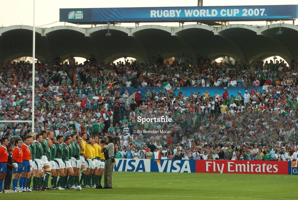 9 September 2007; The Ireland squad stand for Ireland's Call before the game. 2007 Rugby World Cup, Pool D, Ireland v Namibia, Stade Chaban Delmas, Bordeaux, France. Picture credit; Brendan Moran / SPORTSFILE