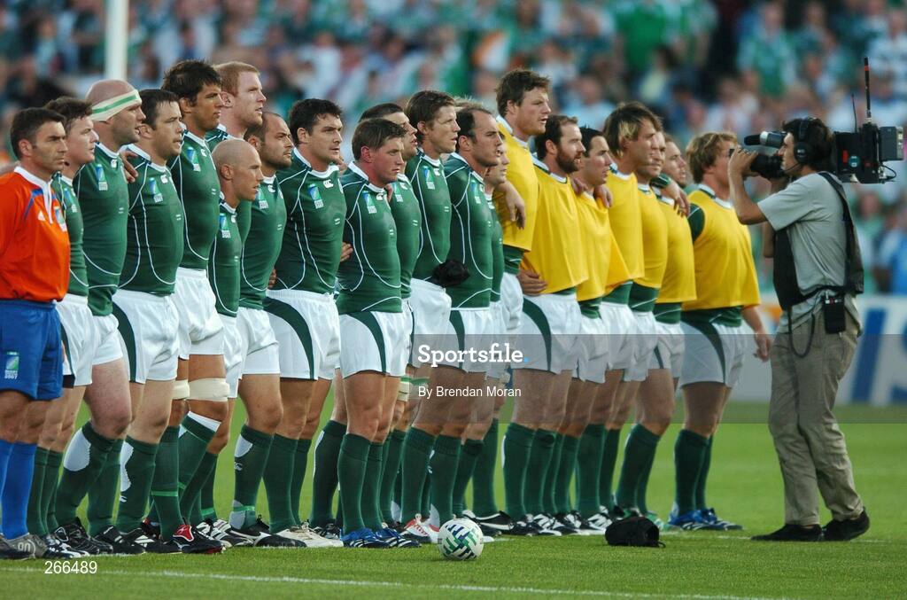 9 September 2007; The Ireland team stand for Ireland's Call before the game. 2007 Rugby World Cup, Pool D, Ireland v Namibia, Stade Chaban Delmas, Bordeaux, France. Picture credit; Brendan Moran / SPORTSFILE