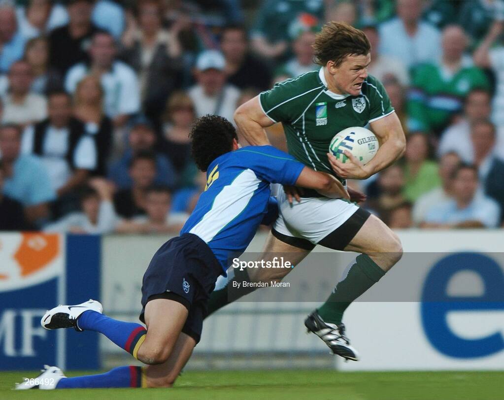 9 September 2007; Brian O'Driscoll, Ireland, is tackled by Tertius Losper, Namibia, on his way to scoring his side's first try. 2007 Rugby World Cup, Pool D, Ireland v Namibia, Stade Chaban Delmas, Bordeaux, France. Picture credit; Brendan Moran / SPORTSFILE