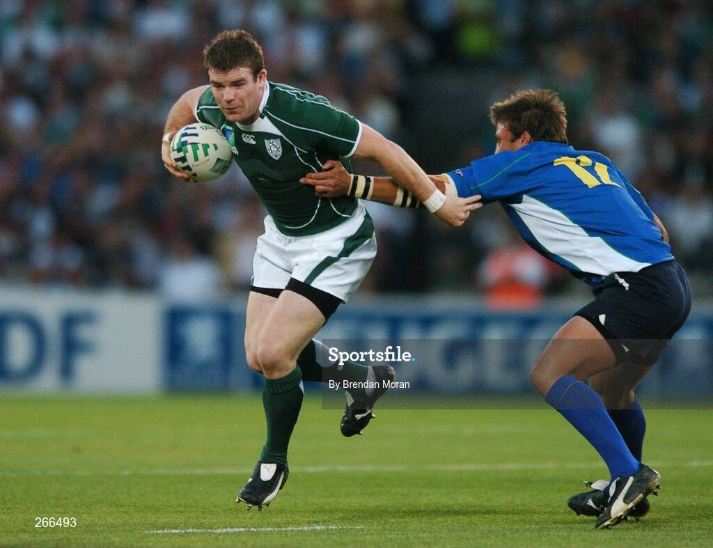 9 September 2007; Gordon D'Arcy, Ireland, is tackled by Piet Van Zyl, Namibia. 2007 Rugby World Cup, Pool D, Ireland v Namibia, Stade Chaban Delmas, Bordeaux, France. Picture credit; Brendan Moran / SPORTSFILE